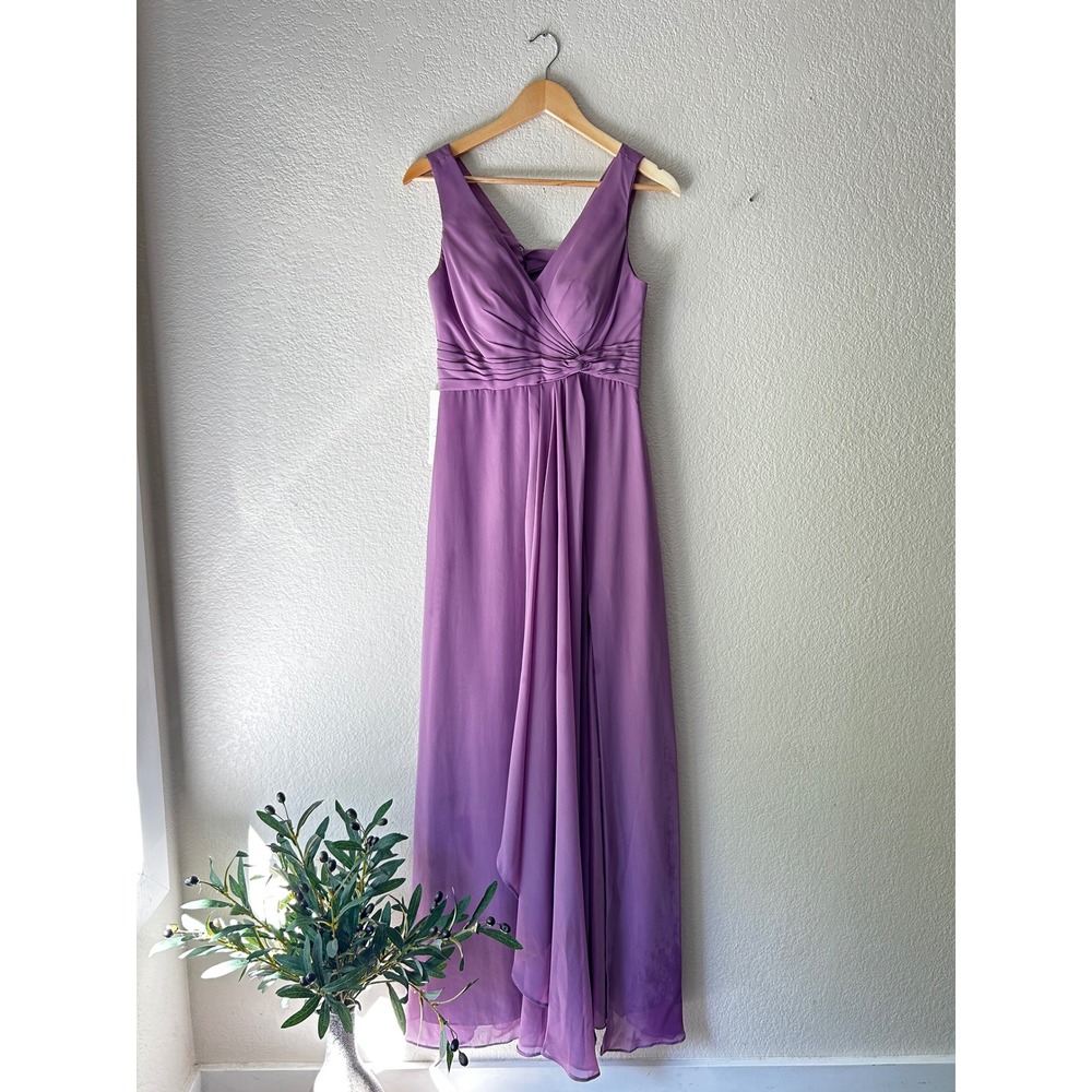 Purple Chiffon V Neck Corset Back Maxi Dress Front Slit Bridesmaid Formal Gown